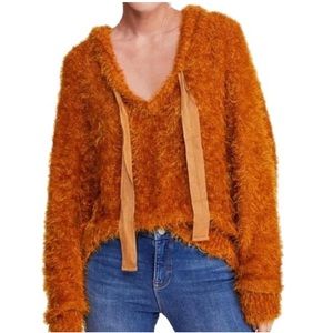 FREE PEOPLE Light As A Feather Fuzzy Hoodie Orange Sweater